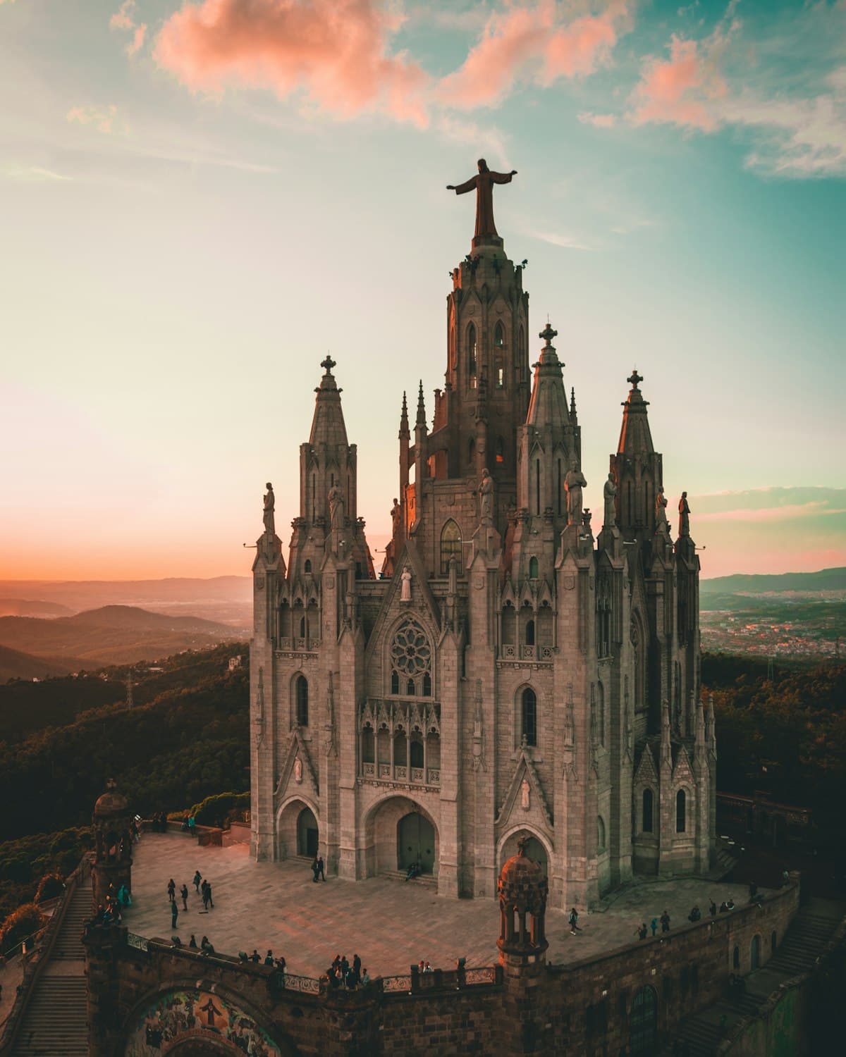 The Sagrat Cor church on Tibidabo hill above Barcelona at sunset