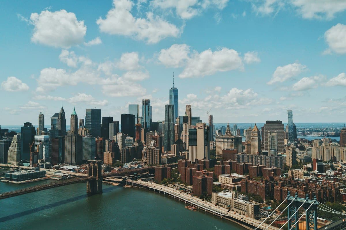 The Manhattan skyline and Brooklyn Bridge across the East River